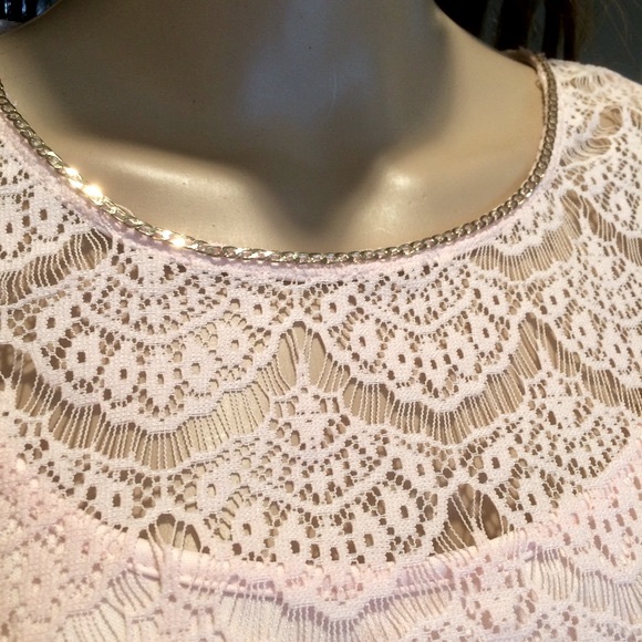 Jessica Simpson Lace Midi Dress Size 8 Blush Pink Scalloped Chain Collar Belted - Picture 7 of 16